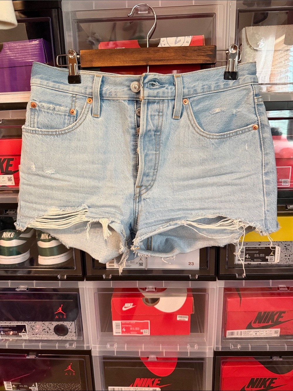 Levi's Light Blue Distressed High-Rise Denim Shorts